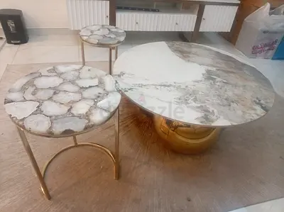 Marble-look Round Coffee Table Set with Gold Base (3-piece)