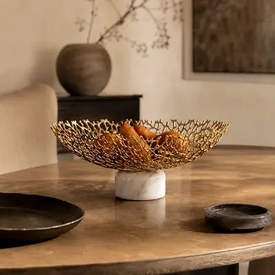 Decorative Gold Metal Fruit Bowl on Marble Base