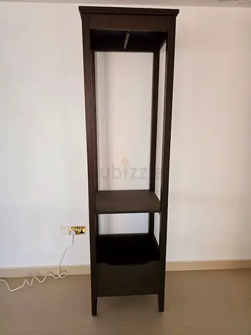 Tall narrow wooden shelving unit with drawer - dark brown