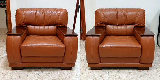 Pair of Brown Leather Armchairs with Wooden Armrests - Good Condition