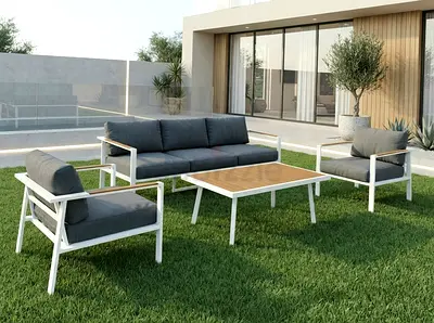 5 Seater Outdoor White Aluminium Sofa Set with Coffee Table — Dark grey cushions
