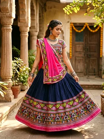 Traditional Indian Lehenga Choli Set - Navy Blue & Pink, Embroidered