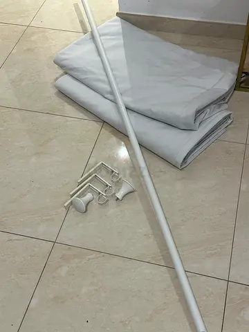 White curtain rod with brackets and fabric panels - good condition