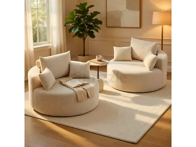 New elegant cozy swivel chair pair round boucle sofa set
