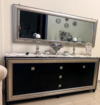Black and Silver Dresser with Large Matching Mirror - Good Condition