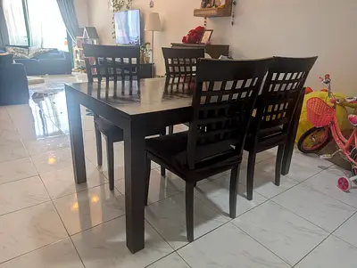 Dark Solid Wood 4-Seater Dining Table with 4 Chairs
