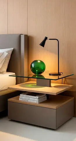 Modern minimalist bedside table with glass shelf and lamp