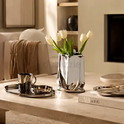 Contemporary Silver Ceramic Vase — Decorative Home Accent