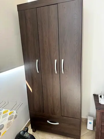 Dark wood 3-door wardrobe with bottom drawer - good condition