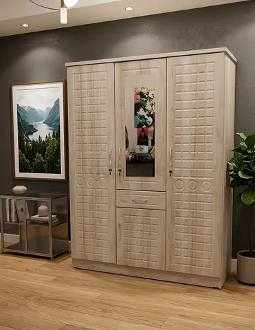 Light Wood 3-Door Wardrobe with Mirror and Drawer