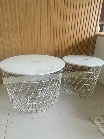 Pair of white wire basket side tables with removable tops