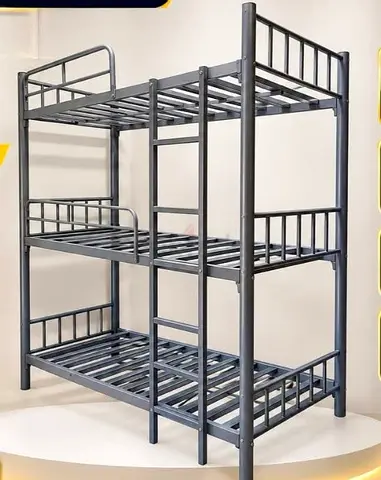 Sturdy Metal Triple Bunk Bed Frame - Grey, Ideal for Dorms or Hostels
