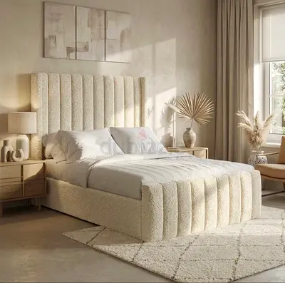Cream Bouclé Upholstered Bed with Tall Channel Headboard - Queen