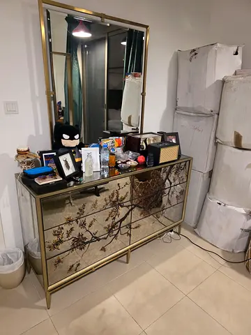 Gold Frame Dresser with Decorative Floral Drawers and Mirror