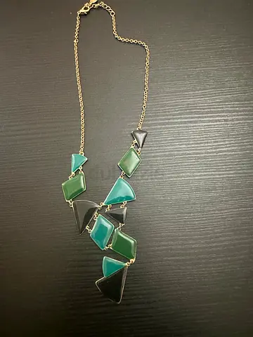 Silver-tone geometric multicolor pendant necklace — green & teal stones