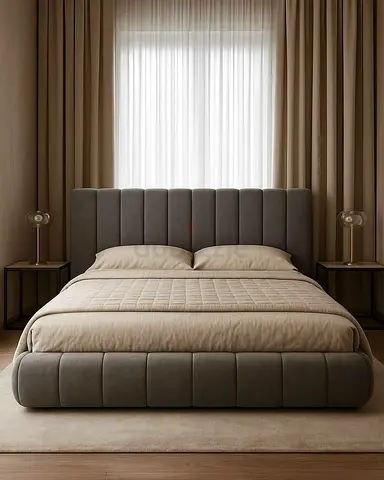 Modern upholstered king-size bed with padded headboard - grey