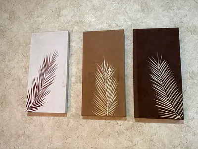 Set of 3 Decorative Wall Panels with Palm Leaf Motif - Brown/Beige Tones