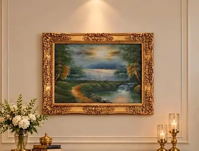 Framed Classic Landscape Oil Painting with Ornate Gold Frame