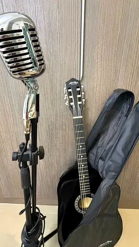 acoustic guitar with stand, vintage-style mic and soft case