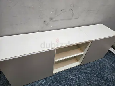 White Low TV Cabinet / Media Console with Sliding Doors