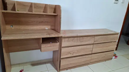 Wooden Study Desk with 6-Drawer Dresser - Light Oak Finish