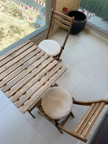 Wooden Balcony Bistro Set - Table with 2 Chairs and Cushions