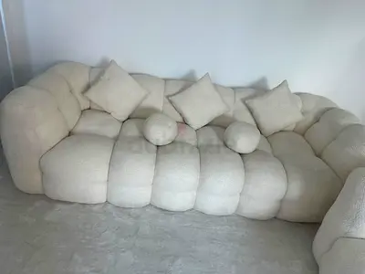 2 pieces Cream Bouclé 4-Seater Sofa with Cushions - Modern Plush Design