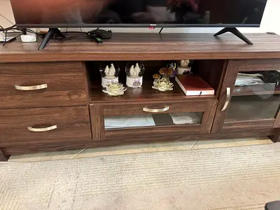 Wooden TV Console / Entertainment Unit - Dark Brown, 2 Drawers, Glass Door