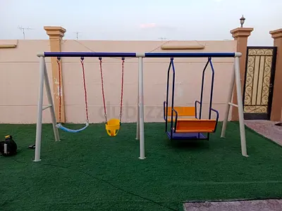 Outdoor Metal Triple Swing Set with Baby Seat and Toddler Bench Swing