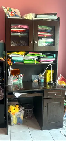 Used Dark Wood Study Desk with Overhead Cabinet and Drawer