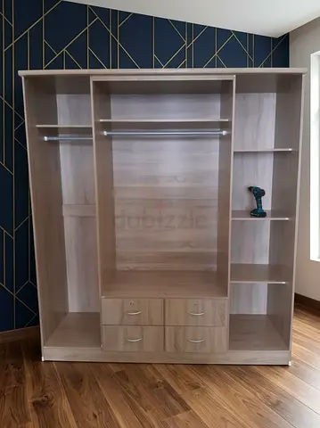 Light Wood 4-Drawer Wardrobe with Open Shelves and Hanging Rails