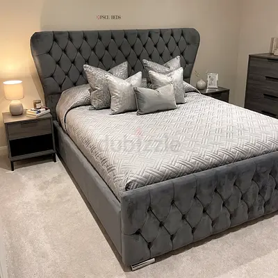 Grey Velvet Tufted Queen Bed with Storage Base