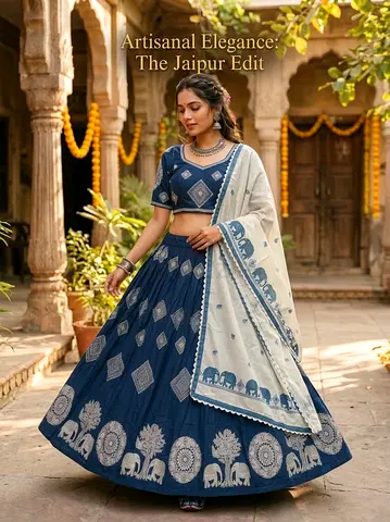 Navy Blue Handblock Printed Lehenga Choli with Contrast Dupatta - Size M