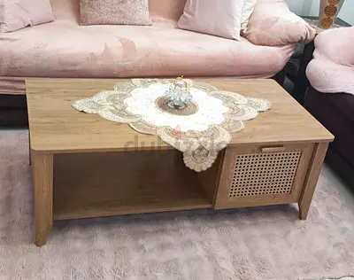 Oak-look Coffee Table with Storage and Rattan Door