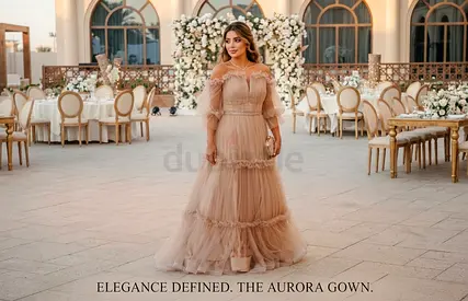Elegant blush tulle off-shoulder evening gown, size XL