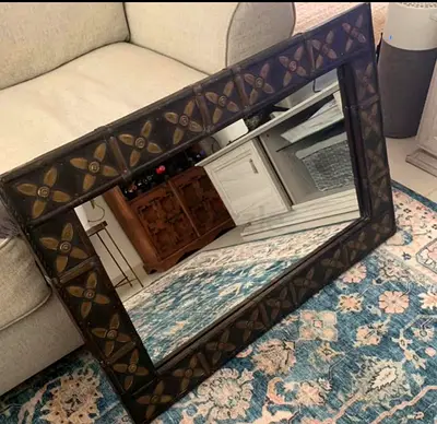 Large Decorative Wall Mirror with Patterned Wooden Frame
