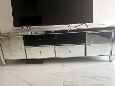 Mirrored TV Console / Entertainment Unit with Drawers - Silver Frame