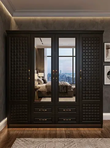 Dark Wood 4-Door Wardrobe with Mirrors and Drawers