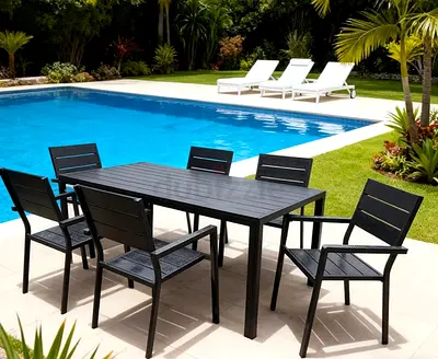 Black Metal 6-Seater Dining Table and Chairs Set
