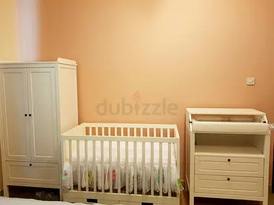 White 3-piece nursery set: crib, wardrobe & changing table - good condition