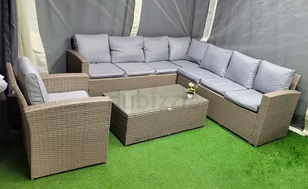 Stunning Outdoor P.E Rattan Corner Sofa Set with Glass Coffee Table - Light Grey Cushions