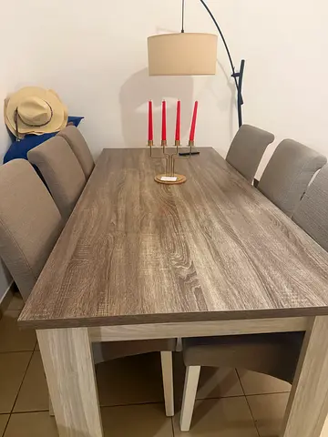 Wood-effect dining table with 6 upholstered chairs - good condition