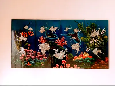 Three-panel hand-painted underwater wall art with fish and coral (set of 3)