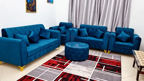 7 seater blue color sofa available with table and pillows brand new sofa