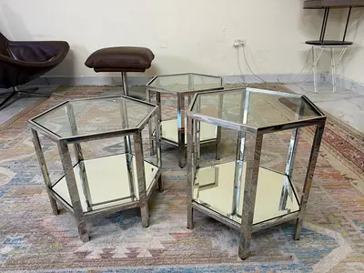 Set of 3 Hexagonal Mirrored Side Tables - Chrome Frame