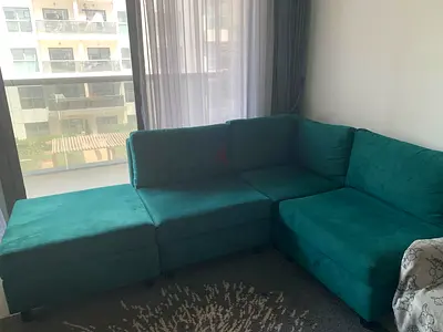 Teal L-shaped Velvet Sectional Sofa with Ottoman -excellent Condition.
