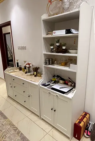 White Wooden Sideboard and Open Shelf Unit - Good Condition