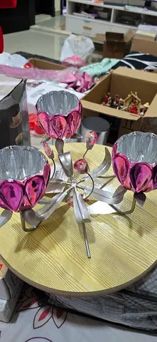 Decorative Pink Glass Floral Candelabra / Candle Holder (3-arm)