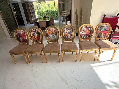 Set of 6 Vintage Gold-Framed Upholstered Dining Chairs with Painted Backs
