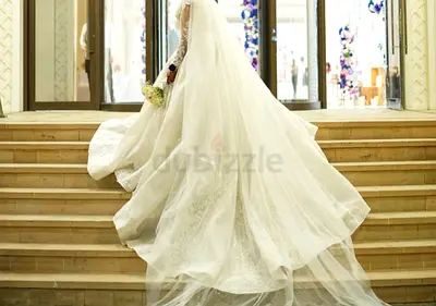 White Bridal Wedding Gown with Long Train + Bag + Heels